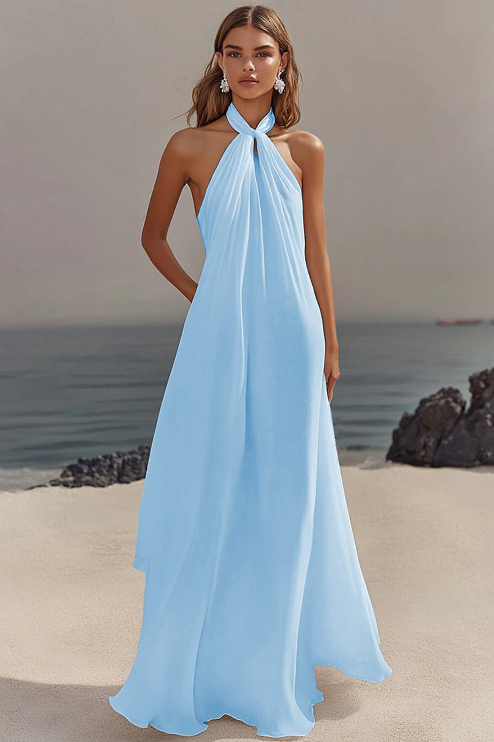 Simple White Halter A Line Chiffon Engagement Dress - Image 17