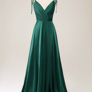 Simple Dark Green Spaghetti Straps Ruched Maxi Dress with Slit