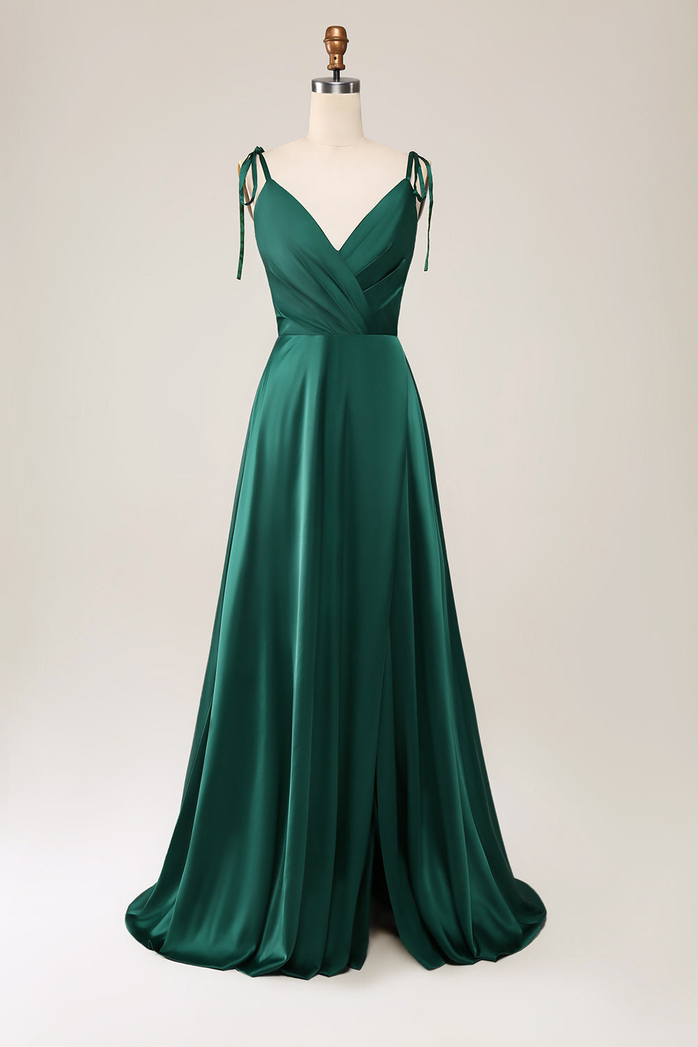 Simple Dark Green Spaghetti Straps Ruched Maxi Dress with Slit