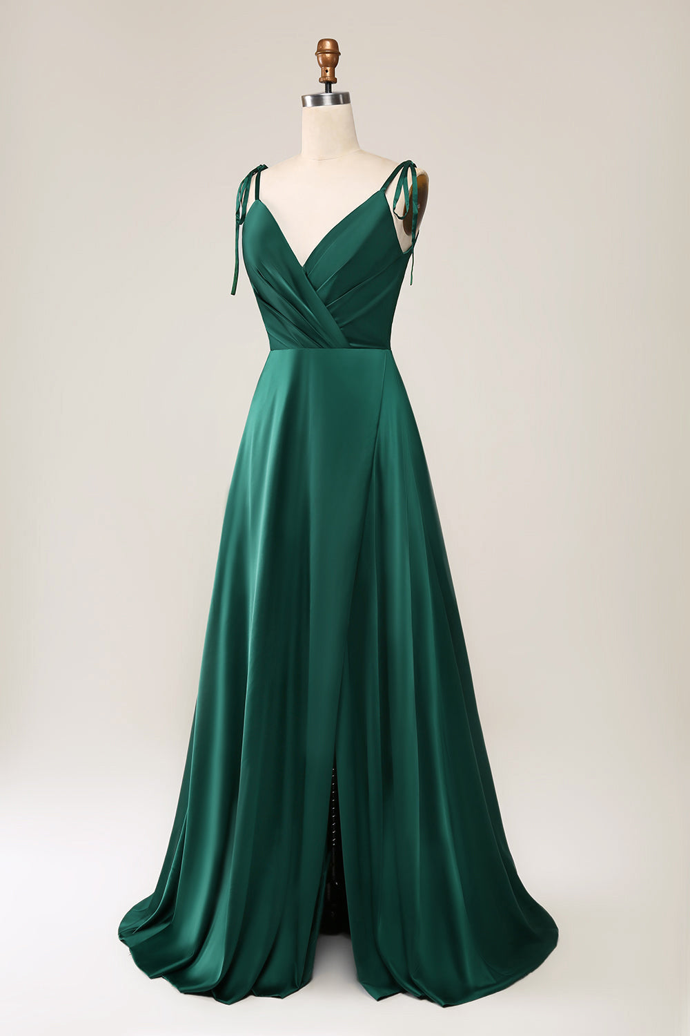 Simple Dark Green Spaghetti Straps Ruched Maxi Dress with Slit - Image 3