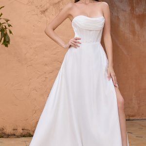 Simple White A Line Corset Strapless Sweep Train Wedding Dress with Slit